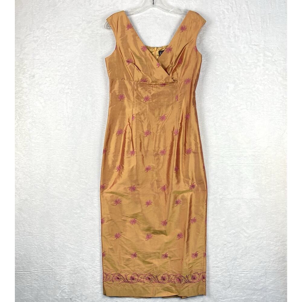 Finity Midi Dress Womens 6 Orange Pink Silk Embroidered Empire Waist 90s Y2K